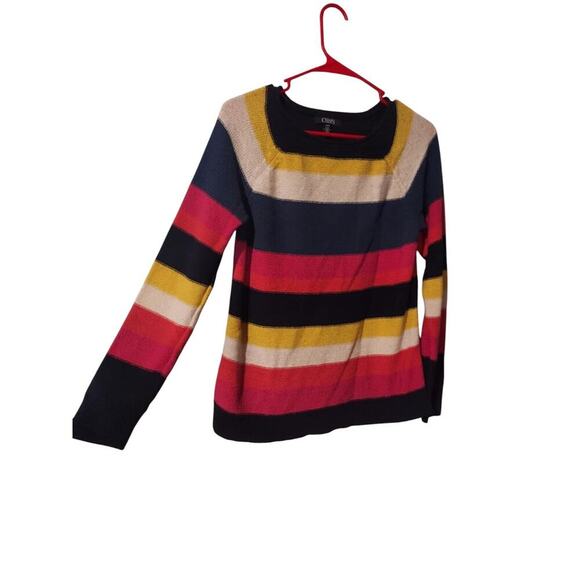 Chaps Sweater, Women's Size Medium Navy Blue Pink Yellow, Striped Bold - Picture 2 of 9